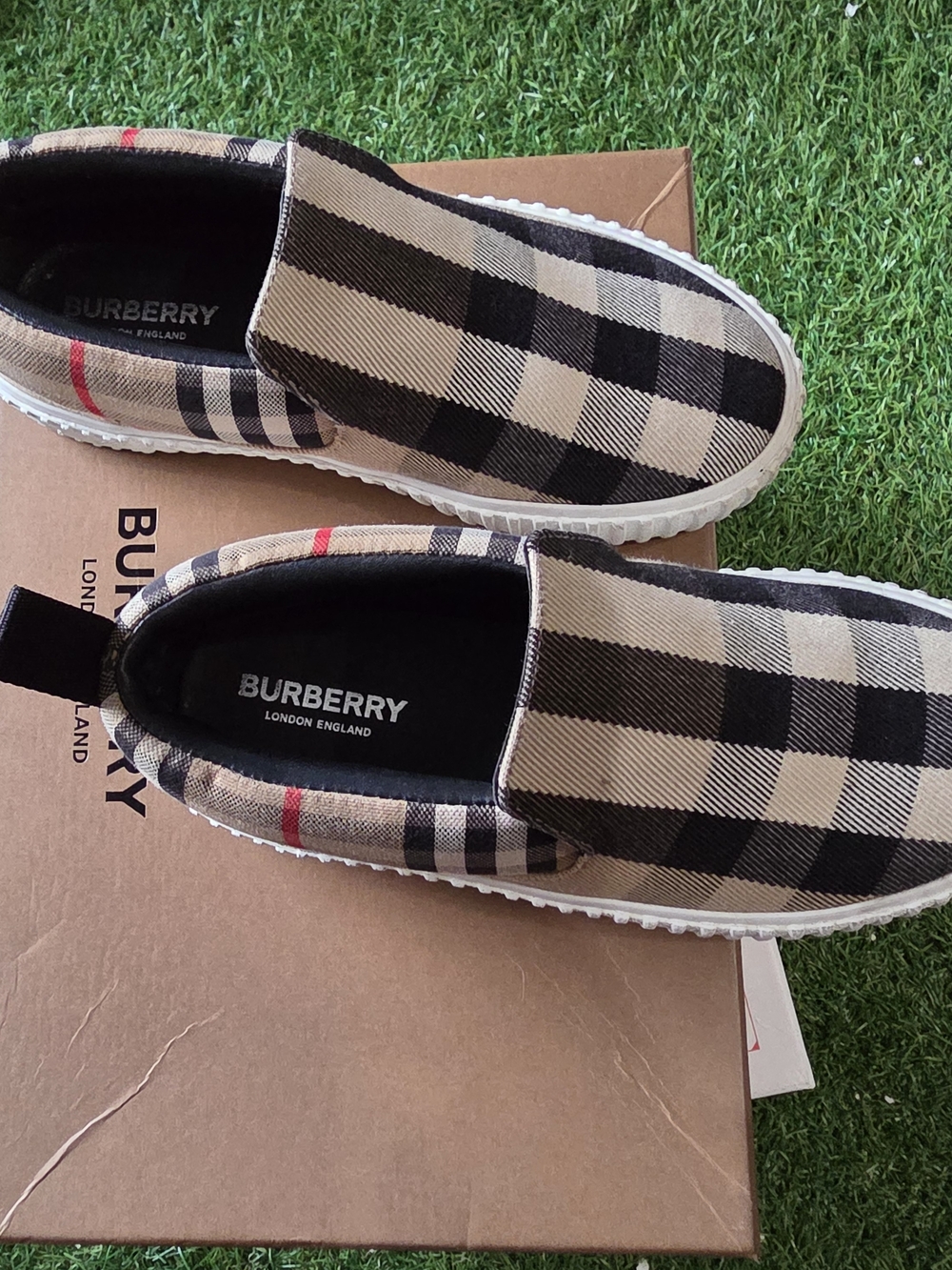 Burberry Beige Black Check Slip-On Sneakers with Red Accent